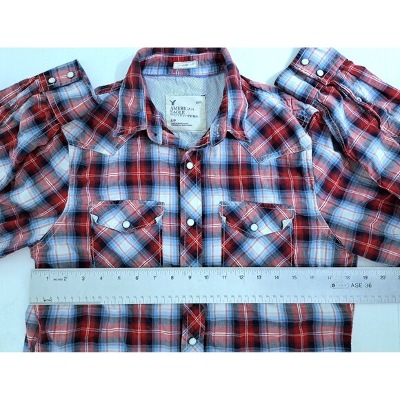 American Eagle Shirt Mens Small Red Blue Plaid Pearl Snap Western Vintage Fit AE - Picture 8 of 10